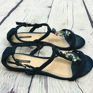 Forever 21 Rhinestone Sandals size 8 Womens Blue Faux Suede Strappy Small Wedge